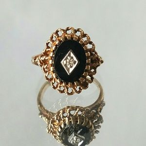 Vintage Diamond Onyx Filigree 10k Ring